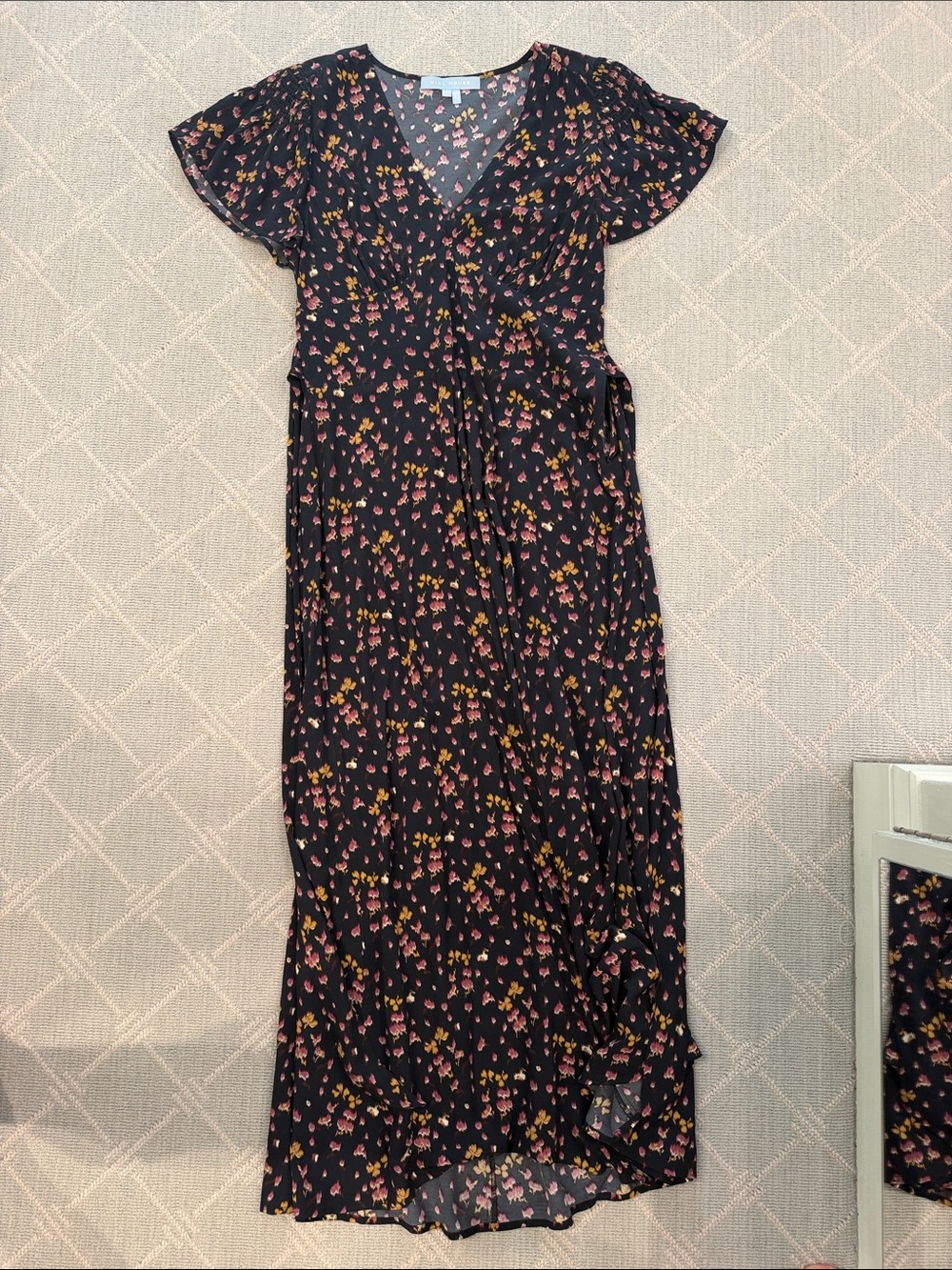 Hill House Floral Black Maxi Wrap Dress with Pink and Yellow Blossoms